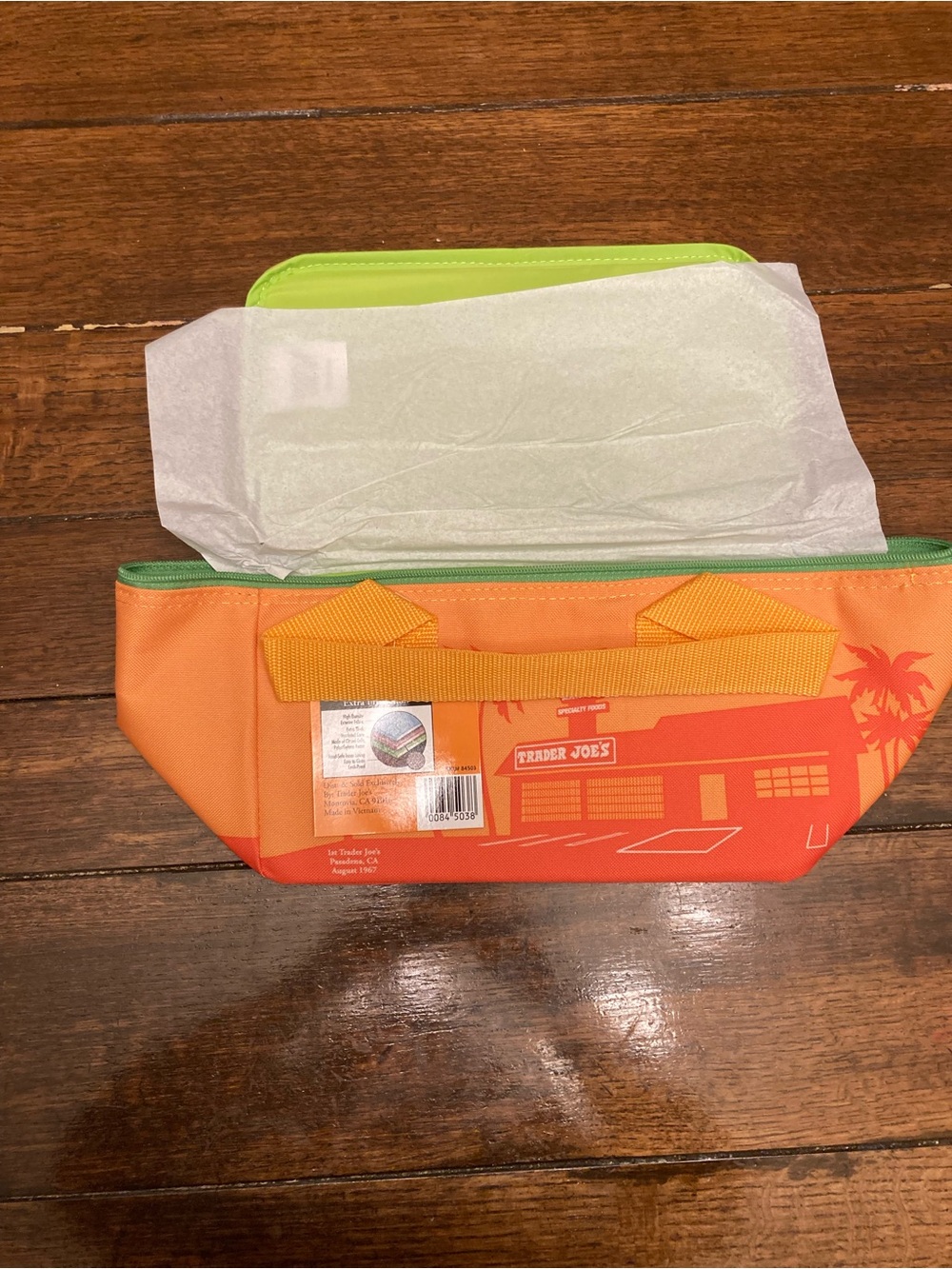 Trader Joe's sunny orange with green zipper Insulated mini Tote bag